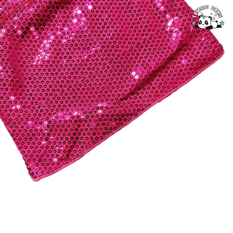 LEZONKIDS - Beaded Suit for Girls Sequined Short Sleeves Top Casual Wide-leg Pants Lace-up Girls Clothing Set